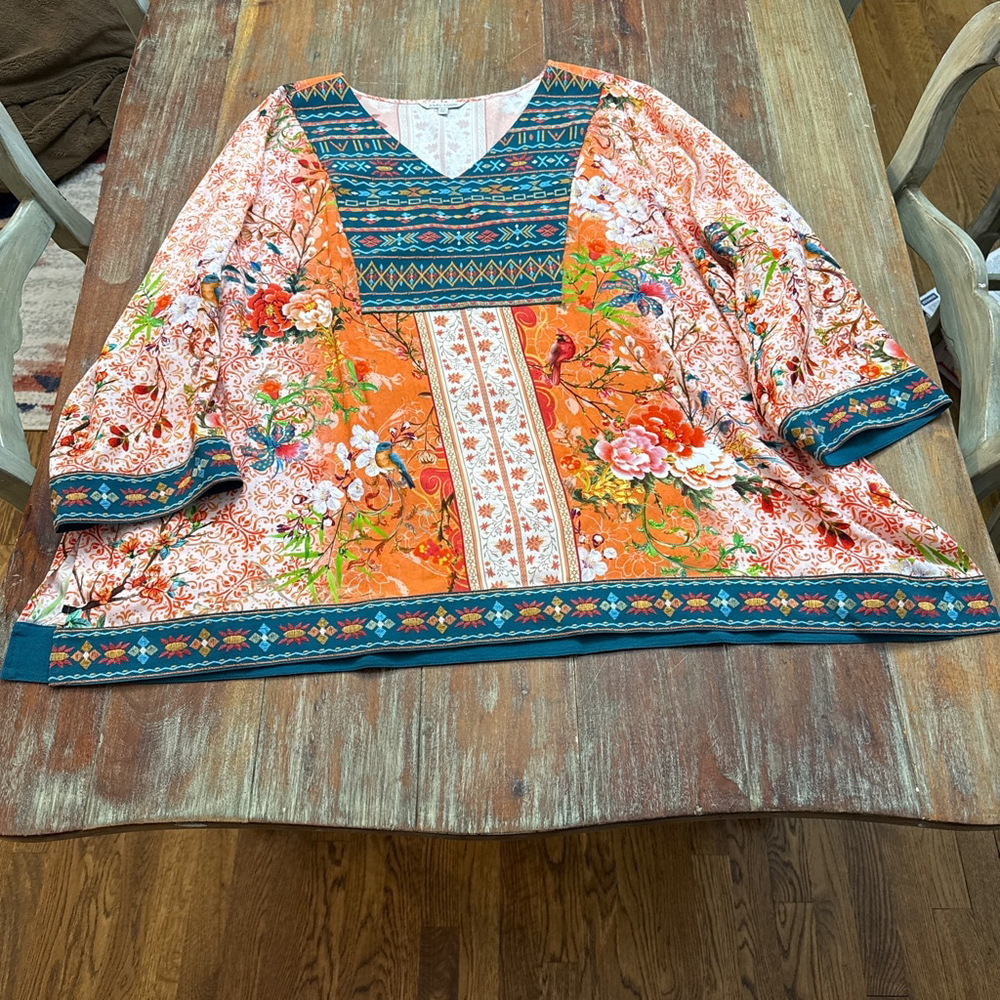 John Mark NWT Tunic Top Bird Floral Mixed Media Boho Lagenlook Art-to-Wear 2X